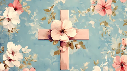 Pastel cross blooms over soft blue floral background.