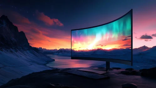 Curved ultrawide monitor framing aurora over icy fjord.