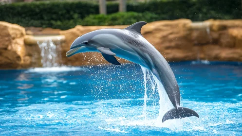 Bottlenose dolphin mid-jump over clear blue pool water.