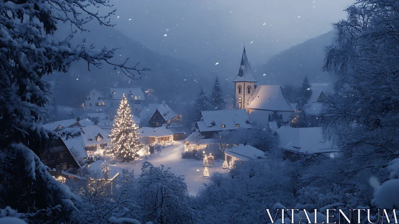 Snowy village Christmas lights glowing in a winter hush.