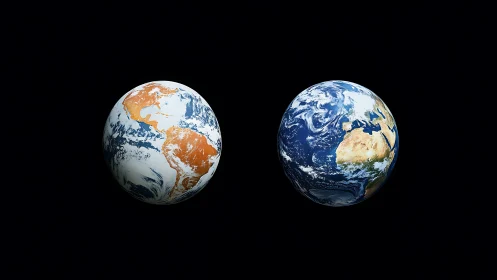 Dual terrestrial globes with contrasted spectral surface rendering.