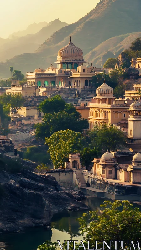 Mughal style riverfront palace under hazy mountain light.