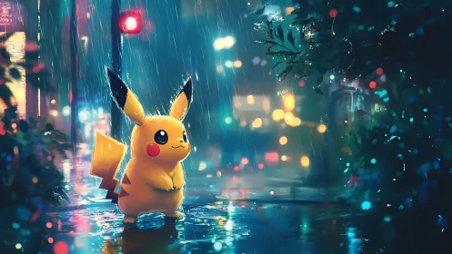 Electric creature in neon-soaked rain with reflective pavement.