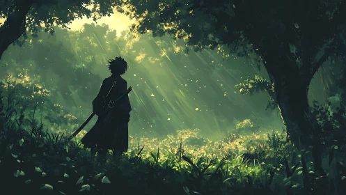Silhouetted swordsman stands in sunlit, densely painted forest
