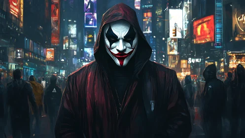 Hooded clown-masked figure in neon-saturated urban crowdscape.
