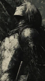 Worn armored warrior looking upward in stark monochrome.