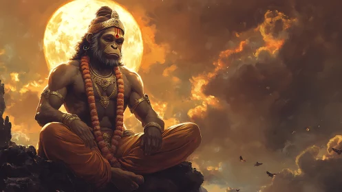 Anthropomorphic figure in seated pose before backlit full moon