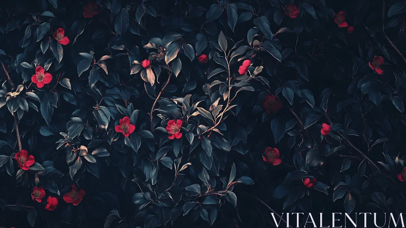 Deep Crimson Blooms Against Dark Foliage. Moody Garden Study.