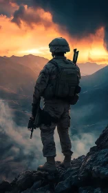 Combat soldier overlooking dramatic mountain sunset skyline.