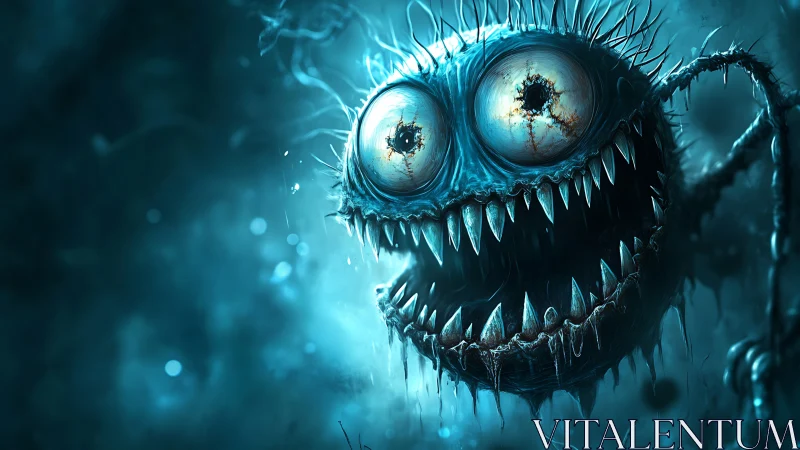 Playfully eerie blue monster with wide curious eyes.