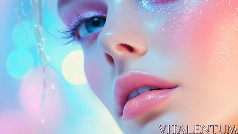 Close-up digital portrait with iridescent glitter makeup.