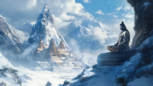 Snow-covered mountains with seated figure and temples.