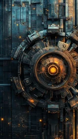 Warm core of a futuristic machine door quietly glowing.