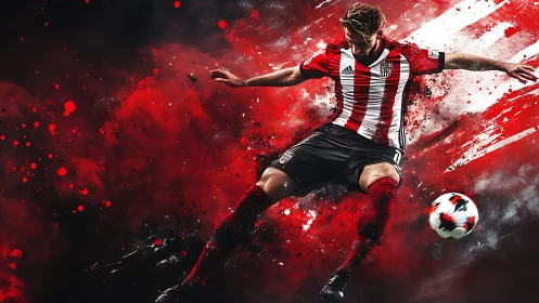 Dynamic soccer player kicking ball in red explosive motion.