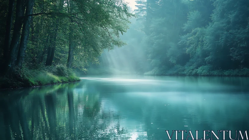 Sunlit mist drifts over tranquil forest river bend