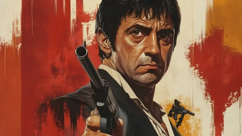 Man in suit aiming handgun toward viewer with intense stare