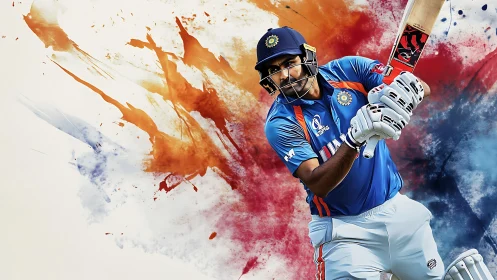 Dynamic cricket batsman rendered against abstract color field