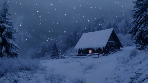 Snowbound alpine cabin under twilight snowfall glow.