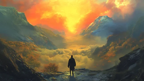 Wanderer gazes into blazing valley of clouds at sunrise