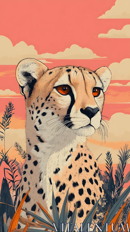 Cheetah portrait against stylized sunset savanna sky.