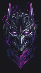 Angular robotic helmet with violet highlights on black field.
