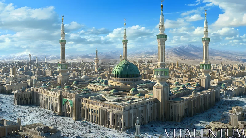 Grand mosque complex dominates desert city panorama