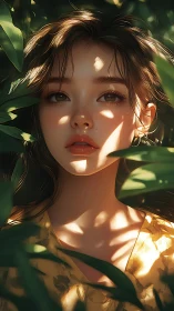 Soft sunlight brushes a serene girl framed by lush leaves