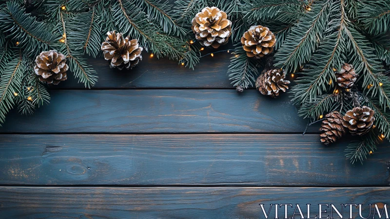 Fir branches and pine cones border horizontal wooden planks