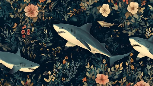Garden of Apex Grins: Sharks Drifting Through Night Blooms.