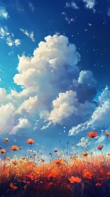 Orange wildflower field extends under towering cumulus clouds