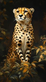 Golden cheetah portrait in autumn foliage, digital painting.