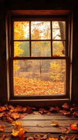 Golden autumn forest glows beyond a rustic wooden window