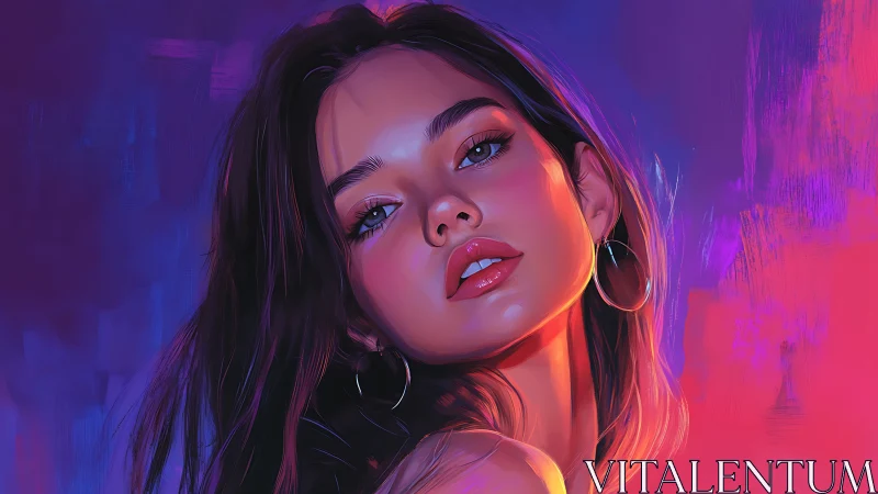Neon-lit digital portrait emphasizes glossy skin shading and rim light