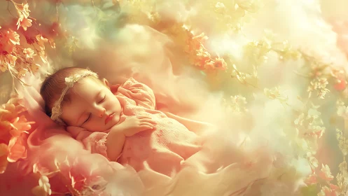 Slumbering cherub nestled within blooms of golden reverie.