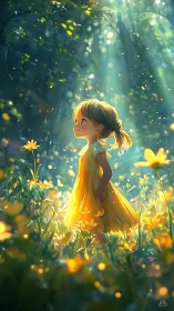 Sunlit girl in yellow dress amid glowing wildflower meadow.
