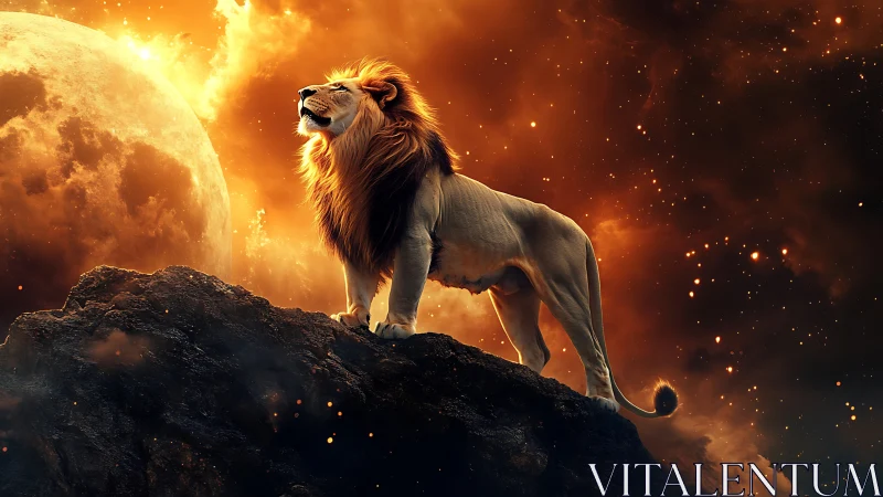 Majestic lion stands against blazing cosmic sunset sky.