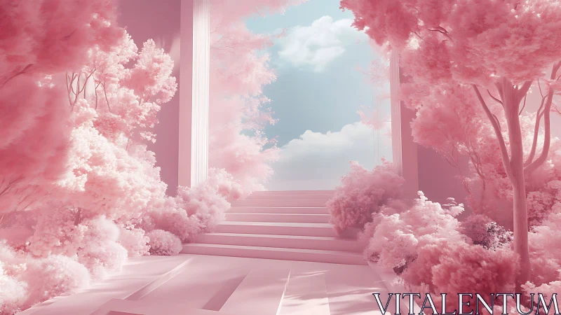 Dreamlike pink garden stairway opening toward sky portal.