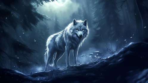 Lone white wolf stands illuminated in a nocturnal forest tableau