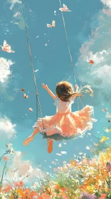 Girl on swing drifts through butterflies and summer sky.