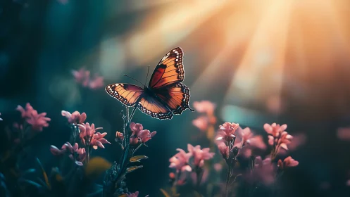Backlit butterfly in shallow depth-of-field floral macro environment