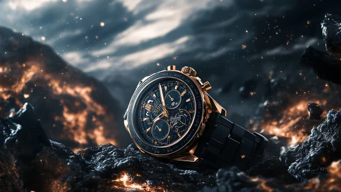 Volcanic chronograph blazing through molten twilight storm.