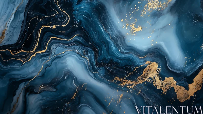 Midnight blue fluid marble with luminous gold veins.