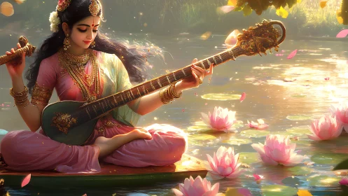 Lotus lake serenade with golden veena and tranquil grace.