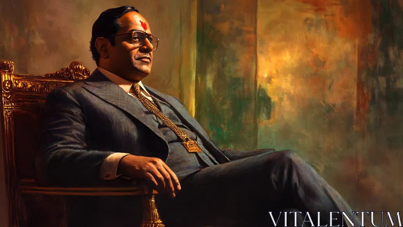 Regal businessman on gilded throne in warm chiaroscuro portrait.