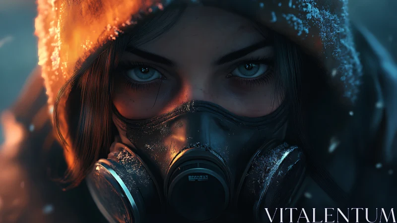 Hooded survivor stares through frost and firelit mask.