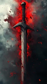 Tempered longsword suspended in red energy plume, vertical frame