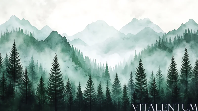 Atmospheric mountain landscape with layered coniferous forests and mist