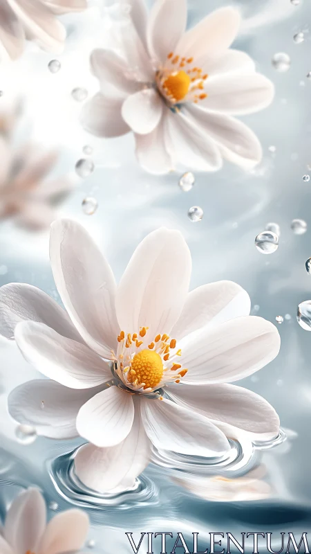 White Anemone Flowers Floating Aquatic Droplets Dynamic Surreal Composite