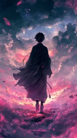 Silhouetted figure walks through luminous pink storm clouds