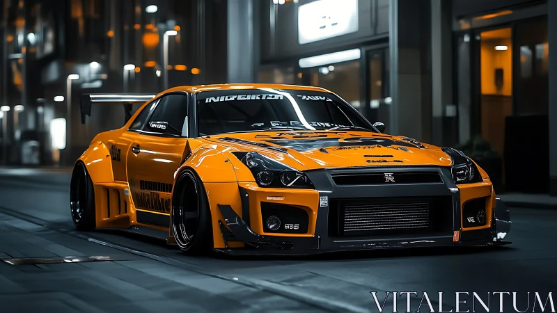 Modified orange Nissan GT-R sports car on urban night street.